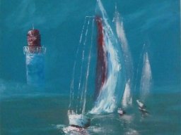 Segelboote vor Leuchtturm 40-50 Oelbild